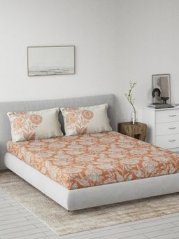 Ddecor Live Beautiful - Cotton Orange Floral Fitted King Bedsheet with 2 Pillow Covers