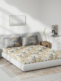 Ddecor Live Beautiful - Cotton Beige Ethnic 144 Tc Fitted King Bedsheet with 2 Pillow Covers