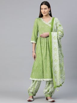 Readiprint - Angrakha Style Cotton Green Kurta & Salwar with Dupatta (Set of 3)
