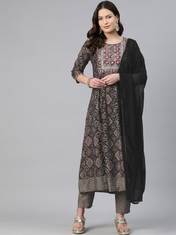 Readiprint - Anarkali Style Chanderi Silk Black Kurta & Pant with Dupatta (Set of 3)