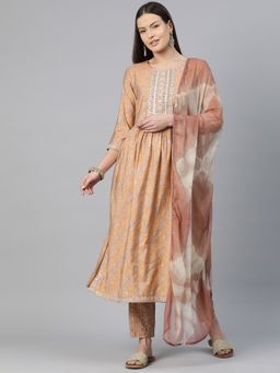 Readiprint - A-Line Style Chanderi Silk Brown Kurta & Pant with Dupatta (Set of 3)