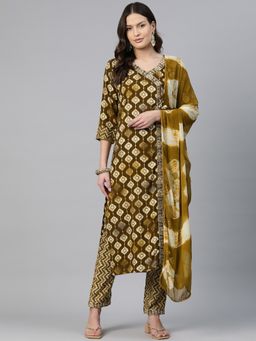 Readiprint - Straight Style Rayon Fabric Brown Kurta & Pant with Dupatta (Set of 3)