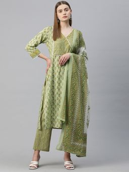 Readiprint - Straight Style Cotton Green Kurta & Pant with Dupatta (Set of 3)