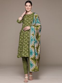 Readiprint - Straight Style Silk Fabric Green Kurta & Pant with Dupatta (Set of 3)
