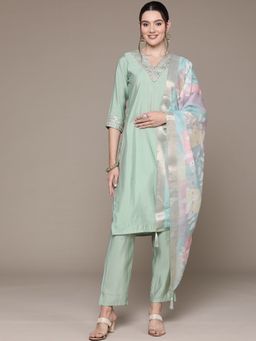 Readiprint - Straight Style Silk Fabric Green Kurta & Pant with Dupatta (Set of 3)