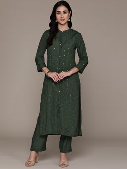 Readiprint - Straight Style Silk Fabric Green Kurta & Pant (Set of 2)