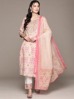 Readiprint - Straight Style Cotton Cream Kurta with Pant & Dupatta (Set of 3)