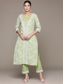 Readiprint - Straight Style Cotton Green Kurta with Pant (Set of 2)