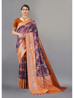 Yavira Silk - Purple & Orange Weaving Kanjeevaram Saree with Unstitched Blouse