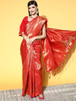 Odette - Silk Blend Red Woven Design Saree with Unstitched Blouse