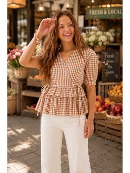 MYSHKA - Brown Gingham Checkered Wrap Style Peplum Top
