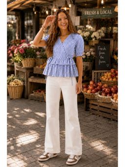 MYSHKA - Blue Gingham Checkered Wrap Style Peplum Top