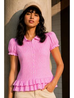 MYSHKA - Pink Gingham Checkered Peter Pan Collar Peplum Top