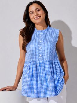 MYSHKA - Blue Gingham Checked Sleeveless Cotton Peplum Top