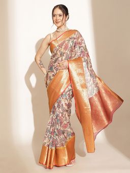 Silk Land - Beige Silk Blend Woven Saree with Unstitched Blouse