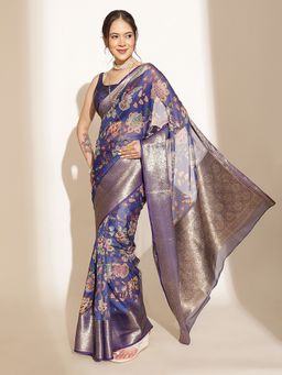 Silk Land - Blue Silk Blend Woven Saree with Unstitched Blouse