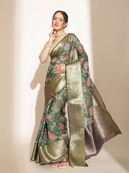 Silk Land - Green Silk Blend Woven Saree with Unstitched Blouse