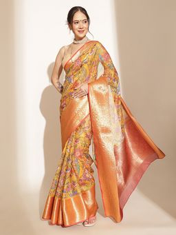 Silk Land - Mustard Silk Blend Woven Saree with Unstitched Blouse