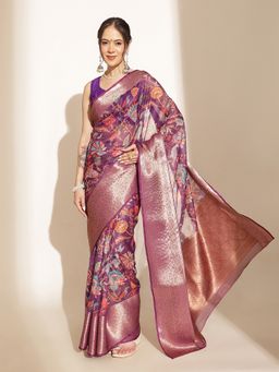 Silk Land - Purple Silk Blend Woven Saree with Unstitched Blouse