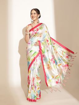 Silk Land - Beige Silk Blend Printed Saree with Unstitched Blouse