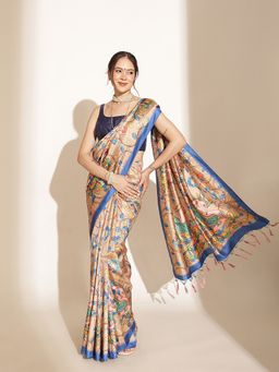 Silk Land - Brown Silk Blend Woven Saree with Unstitched Blouse