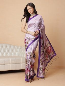 Silk Land - Purple Silk Blend Printed Saree with Unstitched Blouse