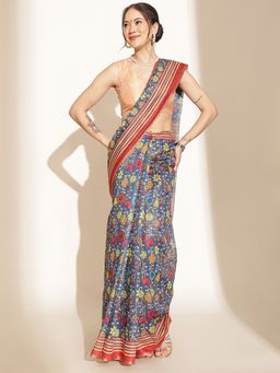 Silk Land - Blue Cotton Blend Floral Saree with Unstitched Blouse