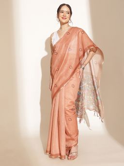 Silk Land - Brown Cotton Blend Floral Saree with Unstitched Blouse
