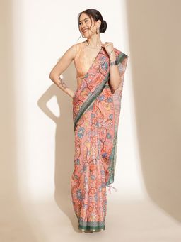 Silk Land - Peach Cotton Blend Floral Saree with Unstitched Blouse