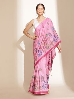 Silk Land - Pink Cotton Blend Floral Saree with Unstitched Blouse