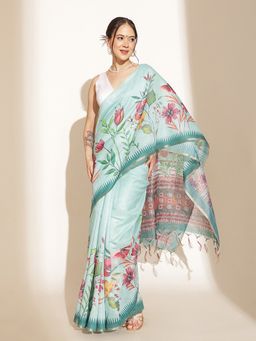 Silk Land - Teal Cotton Blend Floral Saree with Unstitched Blouse