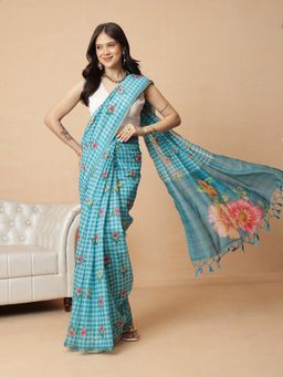 Silk Land - Blue Cotton Blend Checks Ready To Wear Saree with Unstitched Blouse