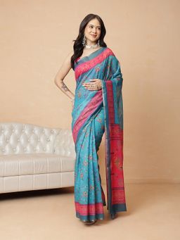 Silk Land - Blue Cotton Blend Floral Ready To Wear Saree with Unstitched Blouse