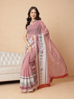 Silk Land - Maroon Cotton Blend Stripes Ready To Wear Saree with Unstitched Blouse