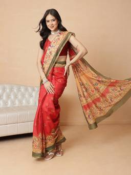 Silk Land - Red Cotton Blend Floral Ready To Wear Saree with Unstitched Blouse