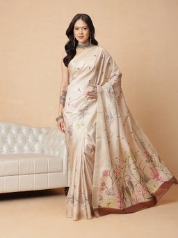 Silk Land - Beige Art Silk Woven Ready To Wear Saree with Unstitched Blouse