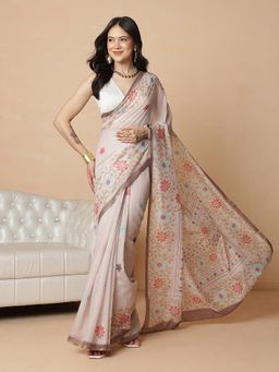 Silk Land - Beige Cotton Blend Printed Ready To Wear Saree with Unstitched Blouse