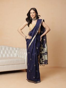 Silk Land - Navy Blue Cotton Blend Woven Ready To Wear Saree with Unstitched Blouse
