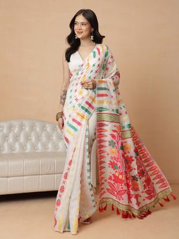 Silk Land - Off White Cotton Blend Printed Ready To Wear Saree with Unstitched Blouse
