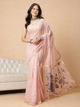 Silk Land - Peach Cotton Blend Woven Ready To Wear Saree with Unstitched Blouse