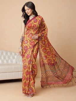 Silk Land - Mustard Cotton Blend Printed Ready To Wear Saree with Unstitched Blouse