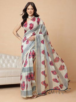 Silk Land - Off White Cotton Blend Printed Tassels Ready To Wear Saree with Unstitched Blouse