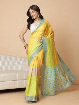 Silk Land - Multi-Color Art Silk Colorblock Ready To Wear Saree with Unstitched Blouse