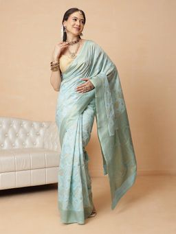 Silk Land - Teal Cotton Silk Woven Saree with Unstitched Blouse