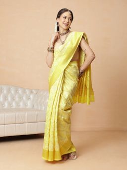 Silk Land - Yellow Cotton Silk Woven Saree with Unstitched Blouse