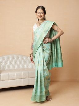 Silk Land - Teal Cotton Silk Woven Design Saree with Unstitched Blouse