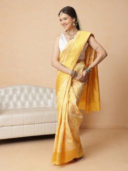 Silk Land - Yellow Cotton Silk Woven Zari Saree with Unstitched Blouse