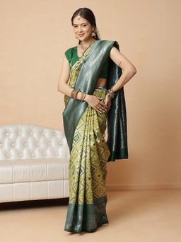 Silk Land - Olive Banarasi Silk Woven Saree with Unstitched Blouse