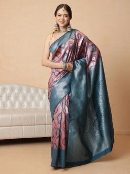 Silk Land - Peach Banarasi Silk Woven Zari Saree with Unstitched Blouse