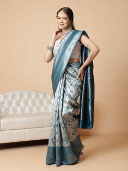 Silk Land - Teal Banarasi Silk Woven Zari Saree with Unstitched Blouse